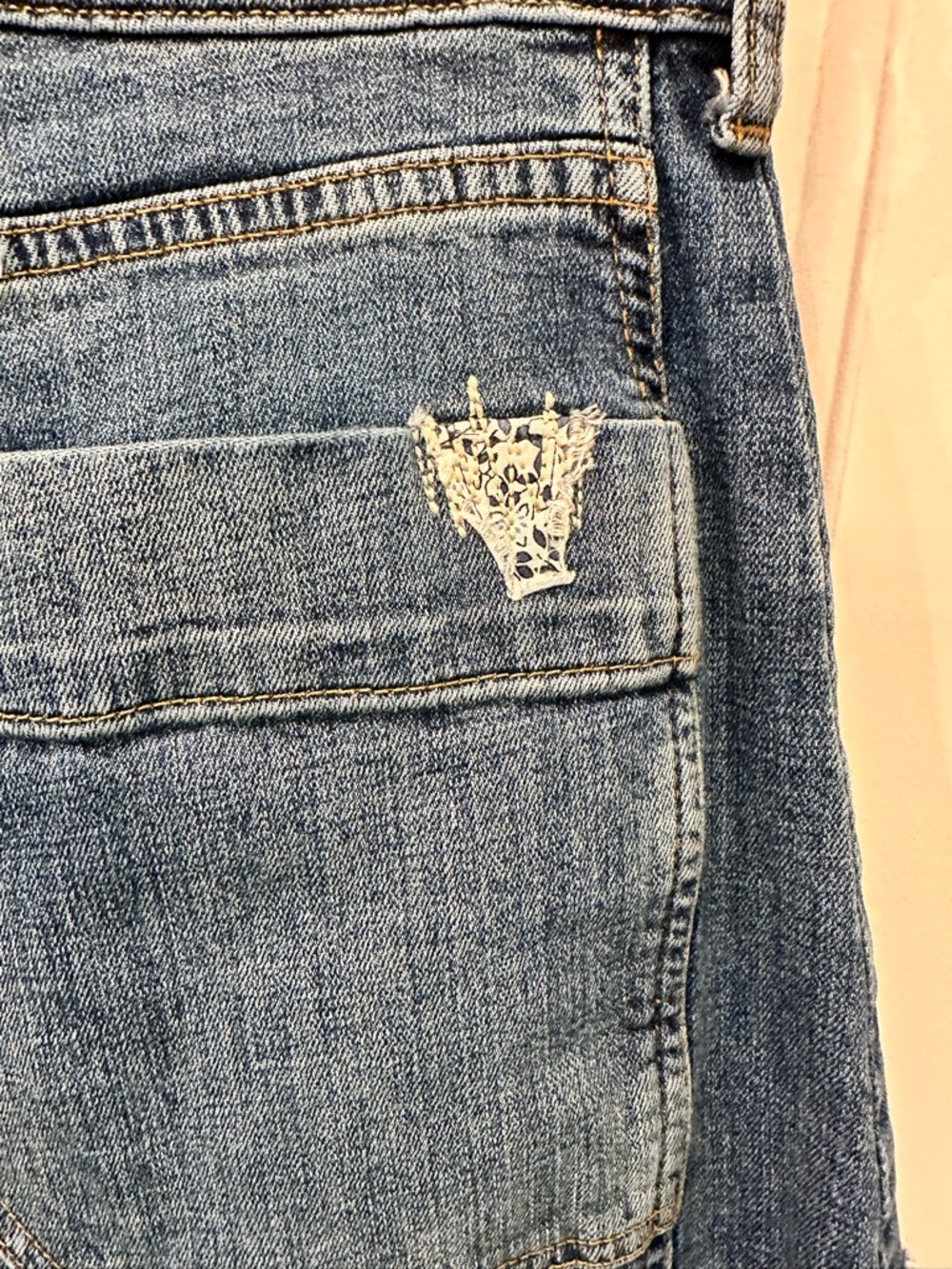Pilcro Wide Leg Patchwork Jeans in Dark Blue with Multicolor Patches - Picture 8 of 9